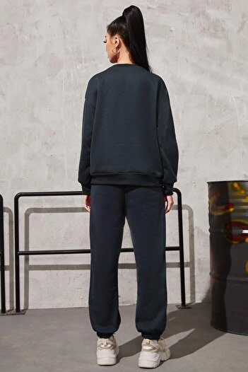 Mythologie New York Usa Eşofman Takımı - Siyah Baskılı Lastik Paça Bisiklet Yaka Takım Jogger Sweatshirt
