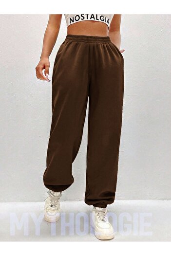 Mythologie Basic Unprinted Sweatpants Jogger - Brown Rubber Leg High Waist Winter