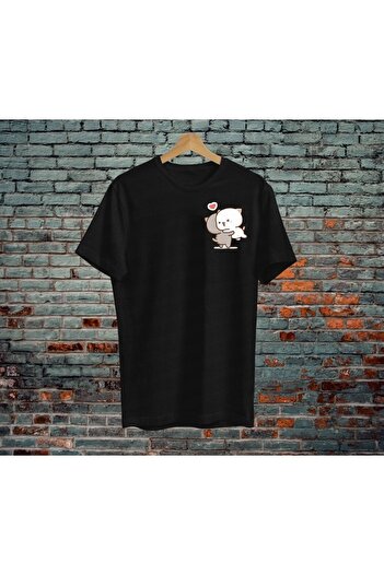 Mythologie Kawaii Cat's Çift Sevgili Kombini T-Shirt - Siyah Baskılı Oversize Bisiklet Yaka Kısa Kol