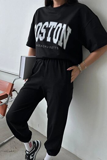 Mythologie Boston Massachusetts T-shirt Sweatpants Jogger - Black Print Tracksuit Set Oversize Crew Neck