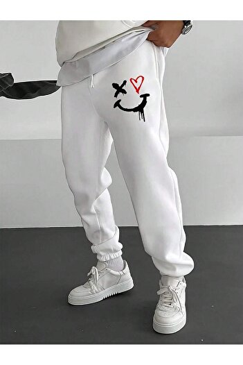 Mythologie Heart Face Sweatpants Jogger - White Printed Elastic Leg High Waist