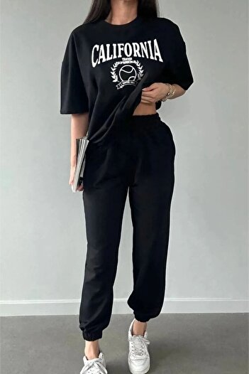 Mythologie California Tennis T-shirt Sweatpants Jogger - Black Printed Tracksuit Set Oversize Crew Neck