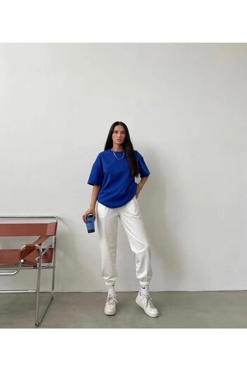 Mythologie Basic Düz T-shirt Eşofman Altı Jogger - Sax Mavi Beyaz Eşofman Takımı Oversize Bisiklet Yaka