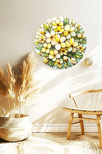 Nod Modern Wall Decor with Flower Picture, Round Wooden Mdf Painting, Home, Living Room, Office Decorative Ornament
