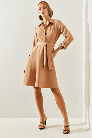 Bianco Lucci Women's LonG Sleeve Dress with Shirt Collar and Button Detail - 22113 60251619