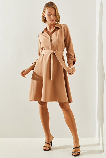 Bianco Lucci Women's LonG Sleeve Dress with Shirt Collar and Button Detail - 22113 60251619