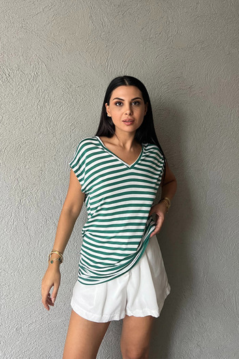 Seda Yalçın Atelier V-Neck Green Striped Basic T-shirt