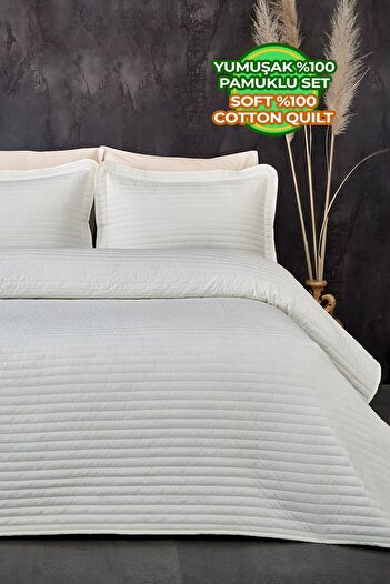 Evlen Home Collection 100% Cotton Single Quilted Bedspread Pike Set Judy Fiber Filled Striped Off-White Cream