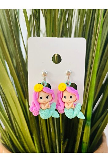 1PARÇAMAVİ Mermarid Mermaid Clip Children's Earrings with Dangle - Non-perforated Compression Earrings