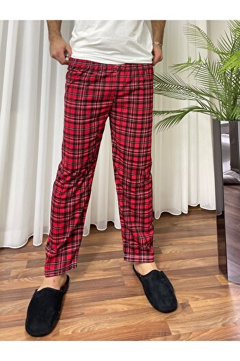 Betimoda Erkek Cepsiz Ekose Desenli Pijama Altı Eşofman Kırmızı Siyah Kareli