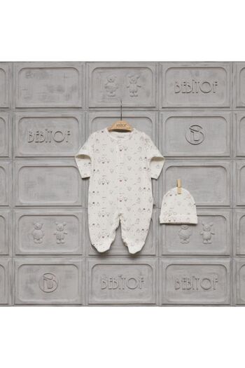 Bebitof Unisex Baby Ecru Teddy Bear Patterned Jumpsuit with Hat and Booties