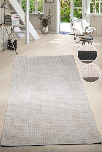 Bonny Home Square Plus Cream Cutting Runner Stain Resistant Non Slip Based Machine Washable Soft Carpet