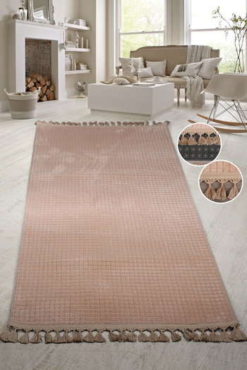 Bonny Home Square Plus Mink Pompom Fringed Cutting Runner Stain Resistant Non Slip Based Machine Washable Carpet