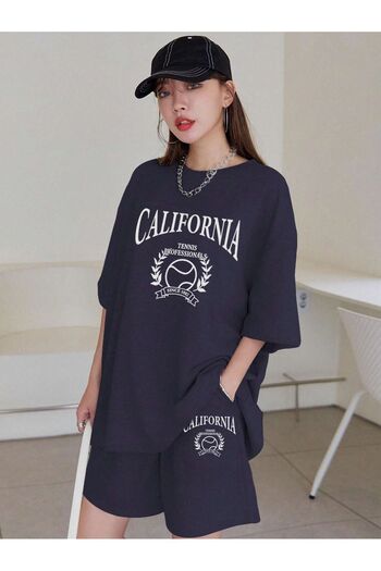 MODARİCH California Tennis - Navy Blue Oversize Combed Cotton Shorts and T-Shirt Set