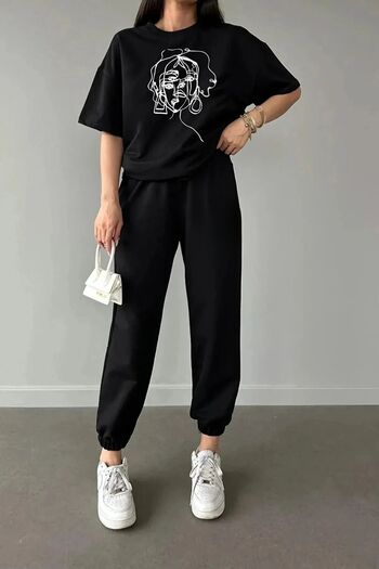 Mythologie Line Face T-shirt Sweatpants Jogger - Black Printed Tracksuit Set Oversize Crew Neck