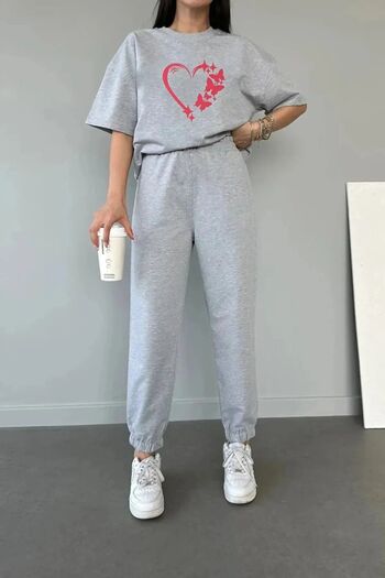 Mythologie Butterfly Heart T-shirt Sweatpants Jogger - Gray Printed Tracksuit Set Oversize Crew Neck