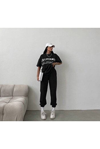 Mythologie California 3 T-shirt Sweatpants Jogger - Black Printed Tracksuit Set Oversize Crew Neck