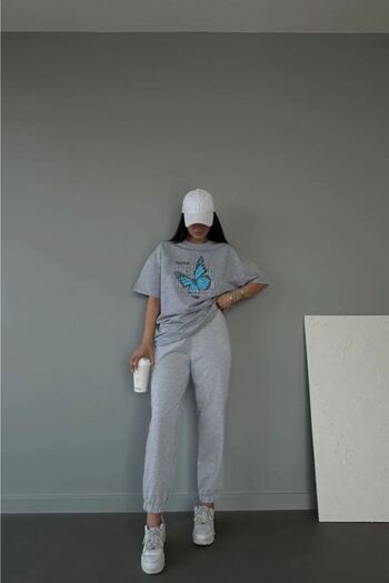 Mythologie Rules Butterfly T-shirt Sweatpants Jogger - Gray Printed Tracksuit Set Oversize Crew Neck