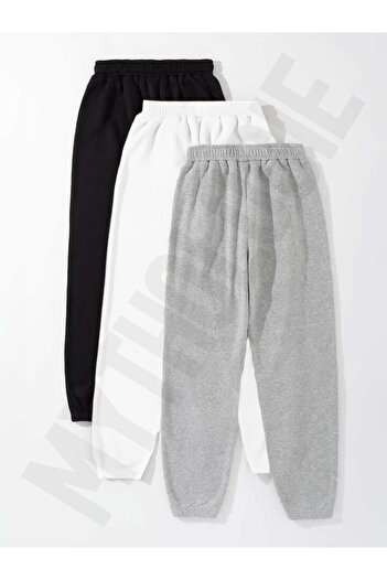 Mythologie 3-Piece Unprinted Jogger Sweatpants - Black, White and Gray Elastic Leg High Waist