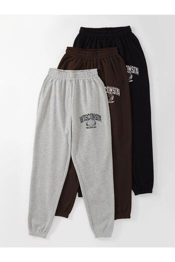 Mythologie 3-Piece Wisconsin Printed Jogger Sweatpants - Black Gray and Brown Elastic Cuffs High Waist