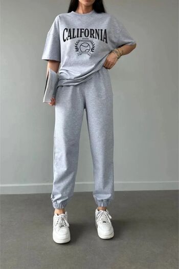 Mythologie California Tennis T-shirt Sweatpants Jogger - Gray Printed Tracksuit Set Oversize Crew Neck