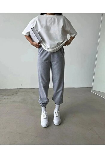 Mythologie Basic Plain T-shirt Sweatpants Jogger - White Gray Tracksuit Set Oversize Crew Neck