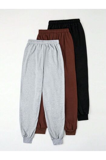 Mythologie 3-Piece Heart Printed Jogger Sweatpants - Black Brown Gray Elastic Leg High Waist