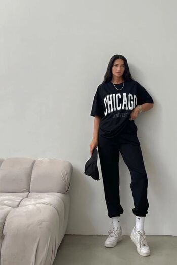 Mythologie Chicago  T-shirt Eşofman Altı Jogger - Siyah Baskılı Eşofman Takımı Oversize Bisiklet Yaka