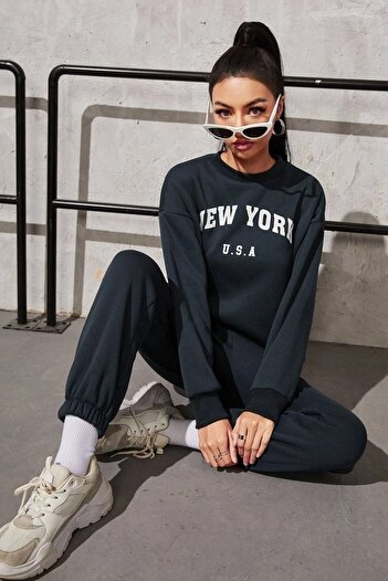 Mythologie New York Usa Eşofman Takımı - Siyah Baskılı Lastik Paça Bisiklet Yaka Takım Jogger Sweatshirt