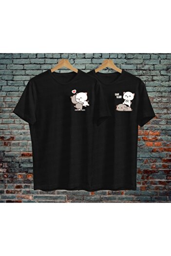 Mythologie Kawaii Cat's Çift Sevgili Kombini T-Shirt - Siyah Baskılı Oversize Bisiklet Yaka Kısa Kol
