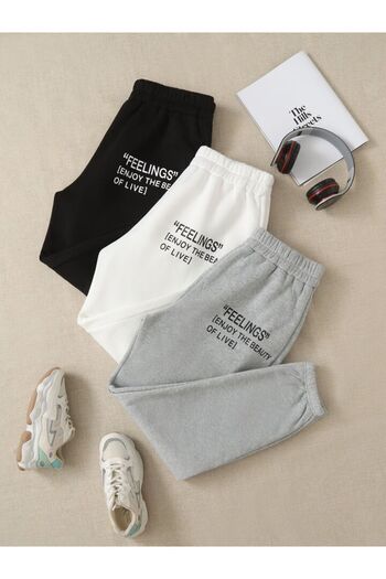 Mythologie 3-Piece Feelings Sweatpants Jogger - Black White Gray Printed Elastic Leg High Waist