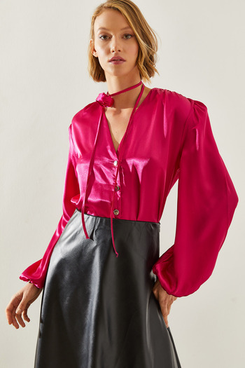 Bianco Lucci V-neck Satin Shirt - Floral Accessories, Shoulder Gathered 2310 60251666