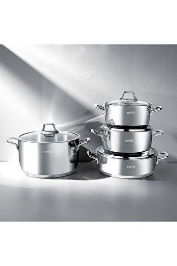 Nehir Silver Classic 8 Piece Steel Pot Set - Gray