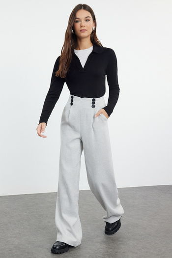 Trendyol Collection Light Gray Wide Leg Woven Trousers - Button Detailed TWOAW21PL0492