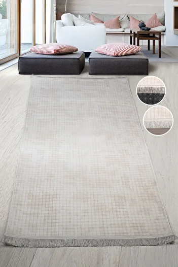 Bonny Home Square Plus Cream Sports Fringed Cut Runner Machine Washable Soft Decorative Carpet with Non-Slip Backing