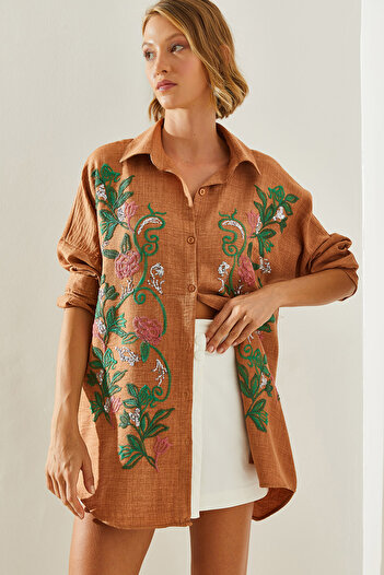 Bianco Lucci Sofia Embroidered Linen Women's Shirt - Modest 60181014