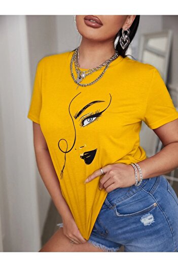 MODARİCH Women's Silhouette Figure T-shirt -yellow, Printed, Crew Neck, Printed, Short Sleeve, Boyfriend, Loose