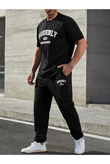 Mythologie Suddenly Sweatpants and T-shirt - Μαύρο Jogger T-Shirt Bottom Top Σετ φόρμας Oversize Crew Neck