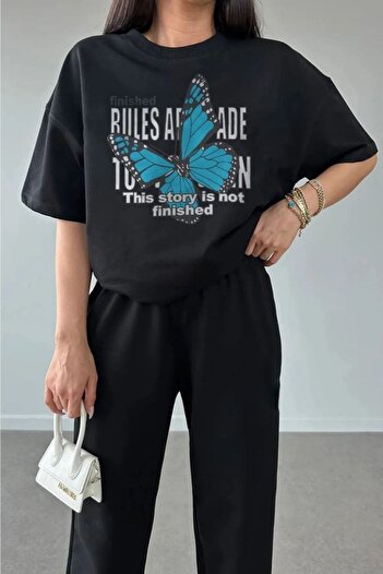 Mythologie Rules Butterfly T-shirt Sweatpants Jogger - Black Printed Tracksuit Set Oversize Crew Neck