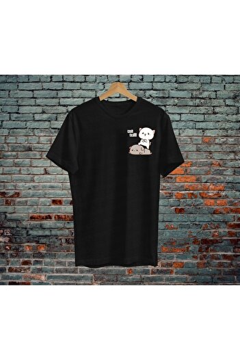 Mythologie Kawaii Cat's Çift Sevgili Kombini T-Shirt - Siyah Baskılı Oversize Bisiklet Yaka Kısa Kol