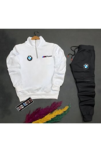 NewCabin Half Zipper Bmw Printed Cotton White Sweat-cotton Black Sweatpants Set, Top and Bottom, 2-Piece