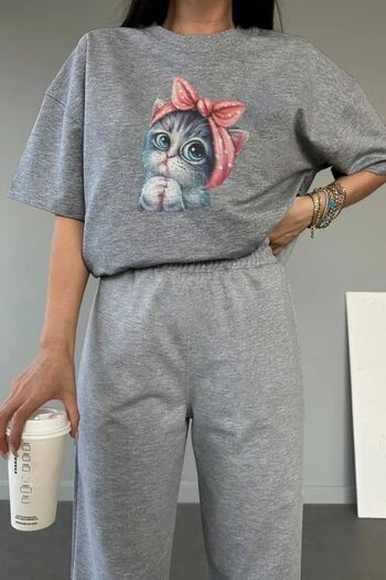 Mythologie Cat T-shirt Sweatpants Jogger - Gray Printed Tracksuit Set Oversize Crew Neck