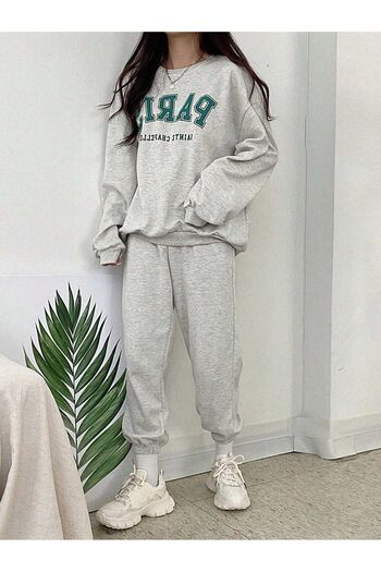 MODARİCH Paris Sweatshirt Sweatpants Jogger - Gray Printed Bottom Top Tracksuit Set Crew Neck