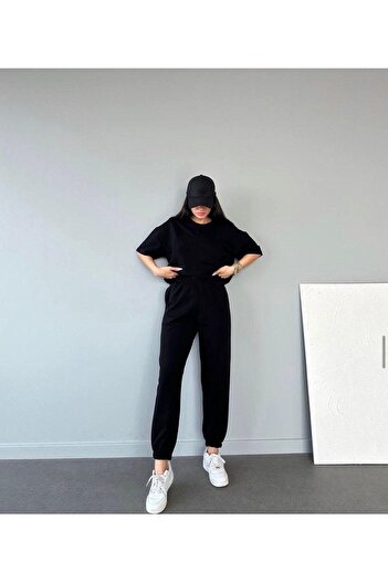 Mythologie Basic Düz T-shirt Eşofman Altı Jogger - Siyah Eşofman Takımı Oversize Bisiklet Yaka