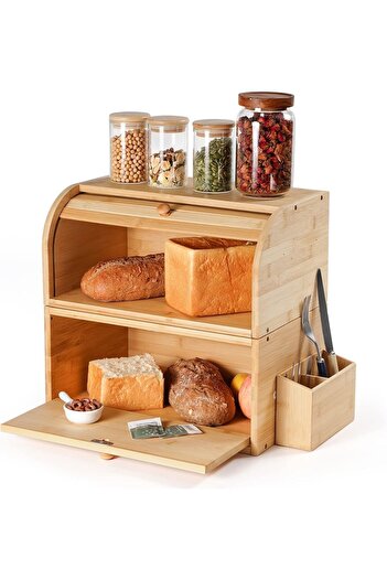 VipDeluXe GUUSII HOME Bamboo Wooden Bread Box, Rolled Lid 38x25x36cm