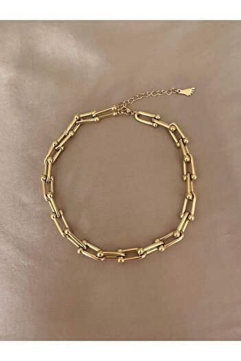 emy by emel luxury silver jewelry Çelik Halhal Yoncalı Yassı Zincir Altın Kaplama