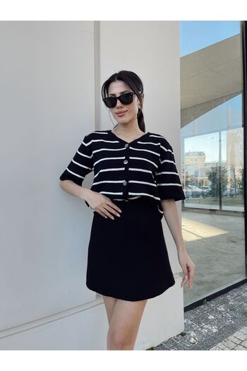 Puella Black and White Crew Neck Striped Silver Button Summer Cardigan