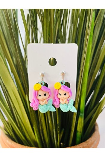 1PARÇAMAVİ Mermarid Mermaid Clip Children's Earrings with Dangle - Non-perforated Compression Earrings