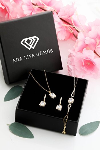 ADA LİFE GÜMÜŞ 925 Ayar Gümüş 3 Lü Tek Taş Baget Set (özel Kutulu) BİLEKLİK KÜPE KOLYE