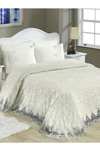 ELVİRAHOME Luxury Double Dowry French Lace Laced Blanket Set Bedspread Set Cream